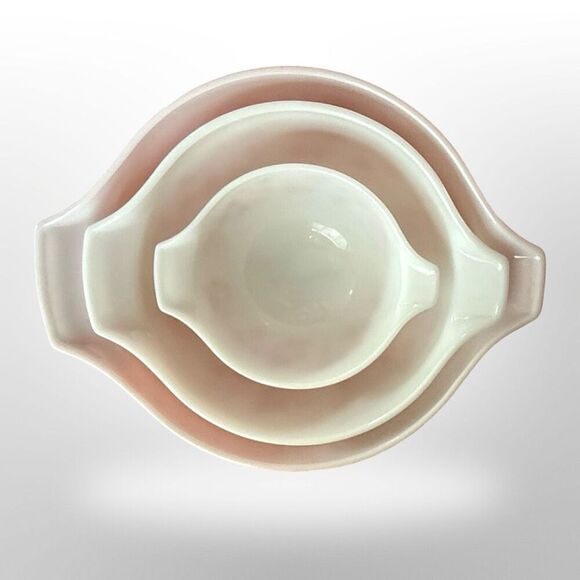 1950s PYREX Pink Gooseberry Cinderella Mixing Bowls Set of 3 Excellent Shape! - Picture 6 of 16